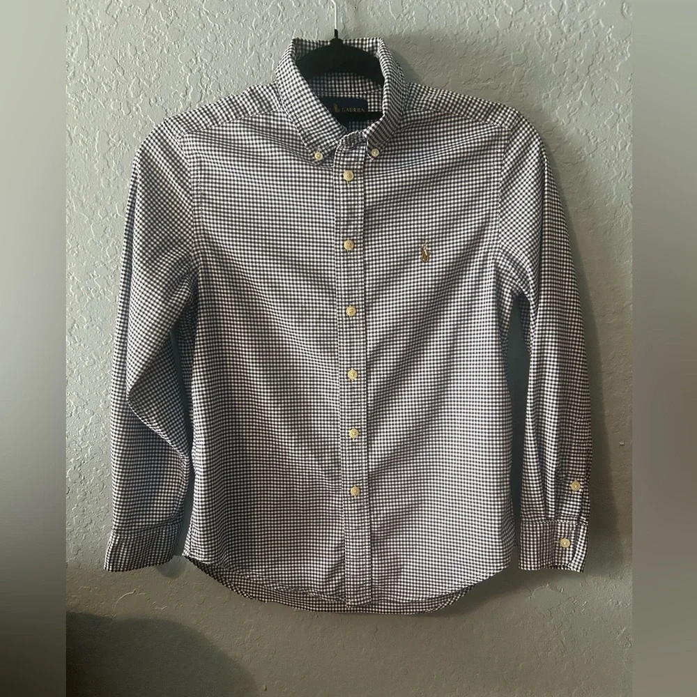 Ralph Lauren Boys Medium Gingham Button-Down Shirt - Blue & White